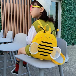 Cute cartoon bee toddler backpack with anti-lost safety strap for kids daily use.
