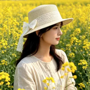 Detail view of women's straw hat featuring delicate lace ribbon and elegant bow in a floral field.