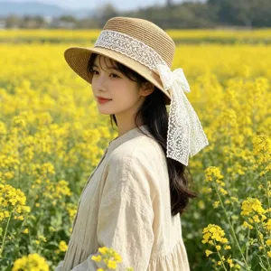 Elegant women straw hat with lace bow wide brim sun hat for beach summer outdoor wear.