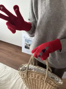 Women winter warm knitted gloves red long fingerless touchscreen thermal cold proof mitten