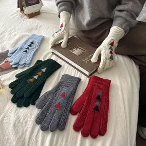 Women winter warm knit gloves touch screen Christmas tree pattern cozy lifestyle style gloves