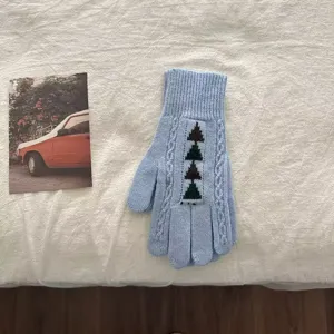 Light blue knit gloves detail, winter warm knitted thermal mittens with cute tree pattern.