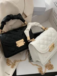 Sac à Épaule en Cuir PU Matelassé pour Femmes Avec Poignée Froncée Petit Sac à Bandoulière de Mode Sac à Main Verrou Carré