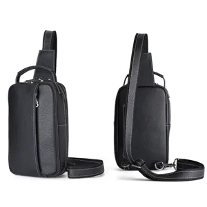 Men genuine leather chest bag stylish casual crossbody shoulder bag black cowhide sling bag