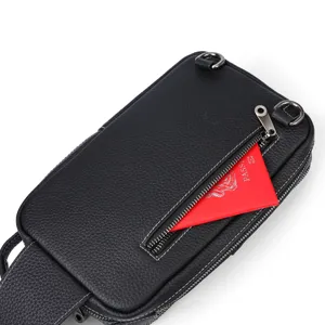 Men genuine leather chest bag stylish casual sling crossbody bag with zipper pocket and metal rings