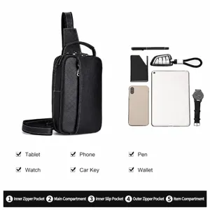 Men genuine leather chest bag stylish casual sling bag multi-compartment black crossbody bag.