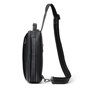 Men's genuine leather chest bag casual crossbody shoulder bag with multi-zipper pockets black