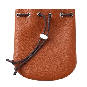 Bolsa de almacenamiento de joyas retro antigua de cuero genuino con cordón marrón
