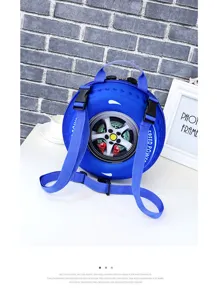 Kids 3D car tire backpack, blue kindergarten double shoulder school bag for boys and girls.