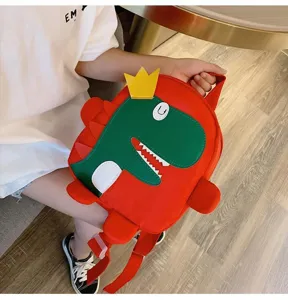 Sac à dos enfant dinosaure dessin animé détail, cartable rouge en tissu oxford pour les petits.