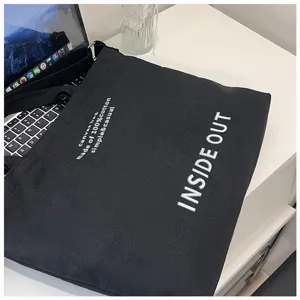 Black canvas tote bag, 100% cotton large capacity shoulder bag with letter print detail.