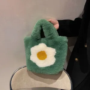 Green plush tote bag for women autumn winter fluffy handbag cute fried egg design shoulder bag