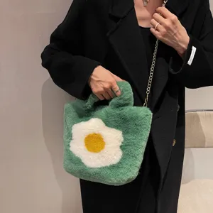 Green fluffy plush handbag for women, cute daisy flower pattern with metal chain strap.