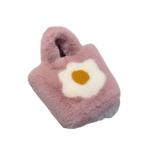 Pink fluffy plush handbag for women autumn winter cute tote bag with flower pattern casual purse