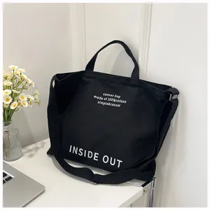 Detailed view of the black canvas tote bag showcasing clear print and durable strap design.