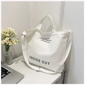 Detailed view of white canvas tote bag with shoulder strap, casual daily student bag style.