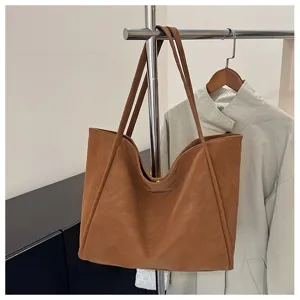Brown PU leather tote bag, minimalist large capacity shoulder bag for daily commuting.