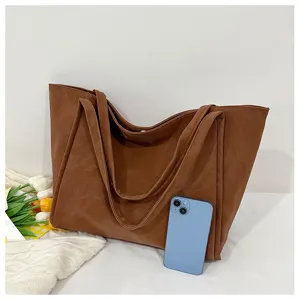 Brown PU leather tote bag for women, large capacity minimalist casual shoulder bag work