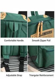Detailed close-up shots of green oxford backpack showing zippers and adjustable straps.