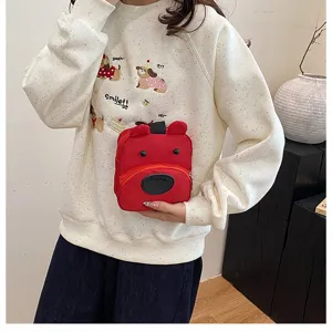 Cute red cartoon bear mini handbag, lightweight nylon crossbody bag with zipper pocket for daily use.