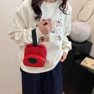 Cute red cartoon bear handbag, portable wrist bag for women and kids, casual daily use tote bag.
