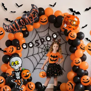 Halloween party decoration balloon set featuring orange and black balloons, bat balloons, and banners.