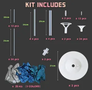 Balloon stand kit component details showing rods, base, connectors and balloons clearly.