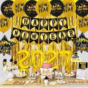 New Year party decoration set with 2027 foil balloons black gold latex balloons and fringe curtain