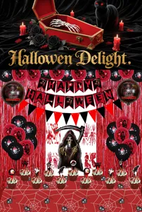 Halloween party decoration set including spider tablecloth, balloons and banner for event.