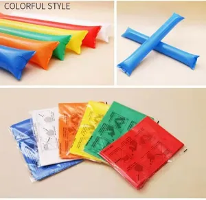Detailed close-up view of colorful inflatable cheer sticks in various bright hues and packaging.