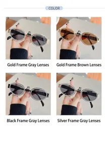 Oval rhinestone sonnenbrille detail mit verschiedenen farboptionen von gold schwarz silber.