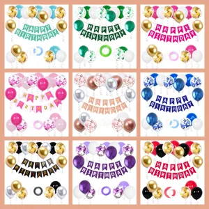 Birthday party decoration set with happy birthday banner and colorful balloons for kids.