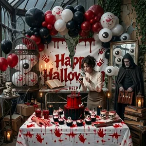 Halloween Party Szenen Detail mit gruseligen Luftballons und blutiger Torte Dekoration.