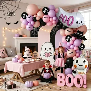 Pastel pink and purple Halloween balloon garland arch kit with cute ghost and bat foil balloons.