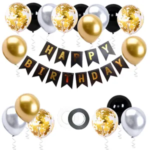 Birthday party decoration set with black and gold happy birthday banner and assorted balloons.