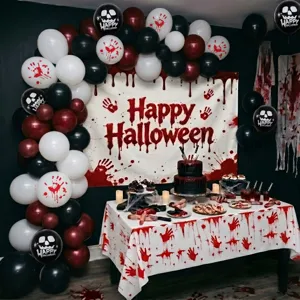 Halloween Party Ballon Dekoration Set mit blutigem Hintergrund Banner und gruseligem Tisch Design.