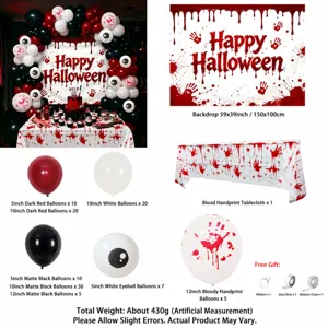 Halloween Party Deko Set Details mit Ballonbogen Hintergrund und gruseliger Handabdruck Tischdecke.