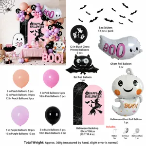 Halloween pink purple black balloon arch kit with ghost bat foil balloons and backdrop for party decor