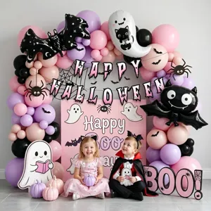 Halloween balloon arch kit pink purple black ghosts bats party decorations backdrop set