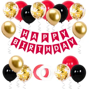 Birthday party balloon decoration set with red black gold balloons and happy birthday banner