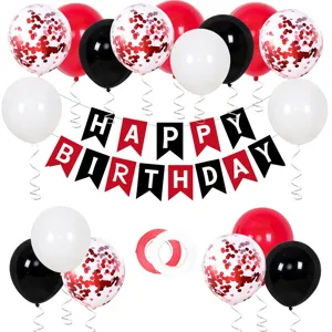 Birthday party balloon decoration set with happy birthday banner red black white balloons.