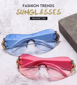 Y2K wrap-around rhinestone sunglasses with metal accents, stylish street hip-hop eyewear for women.