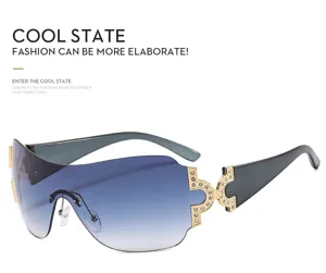 Y2K wrap-around rhinestone sunglasses gradient shield metal shades fashion eyewear