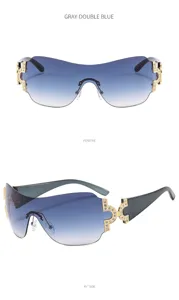 Detail view of Y2K gradient blue rimless sunglasses with sparkling rhinestone side hardware.