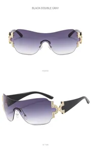 Y2K wrap-around sunglasses for women, stylish gradient gray lenses with rhinestone metal accents.