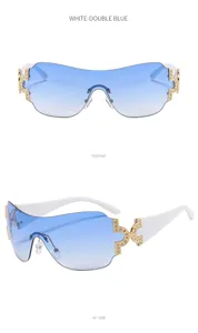Y2K futuristic shield sunglasses for women gradient blue rimless shades white rhinestone glasses