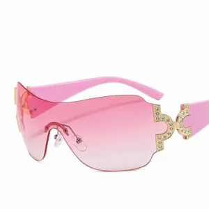 Y2K Wrap Around Pink Gradient Rimless Sunglasses Rhinestone Metal Temples Streetwear