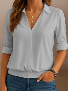 Women V Neck Long Sleeve Solid Color Casual Loose Blouse Elegant Spring Fashion Top