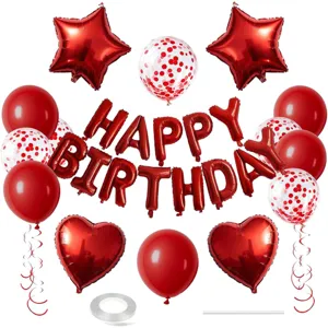 Red birthday balloon set with letter foil star heart balloons for party decoration setup.