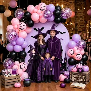 Halloween Ballonbogen Kulisse Set mit lila rosa Ballons Hexen Schloss Party Deko Requisiten